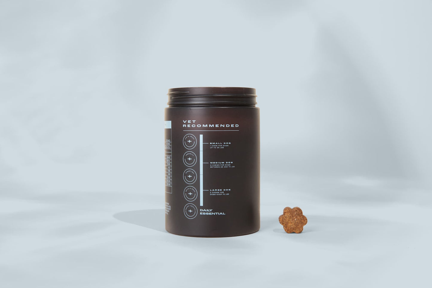 Alternate view of the jar and its information on vet-recommended daily serving sizes for small, medium, and large dogs.